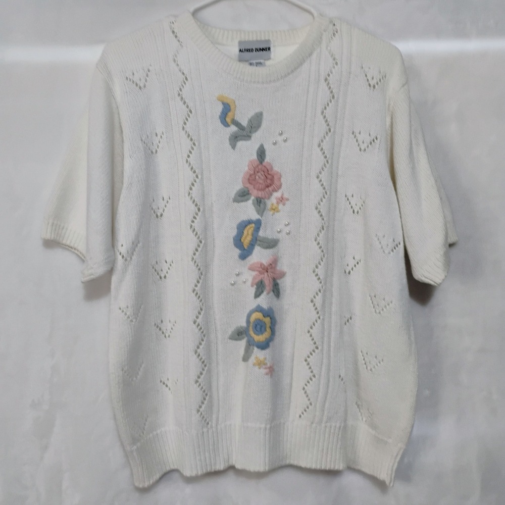 Vtg Alfred Dunner Large White Floral Embroidered Pointelle Sweater Cottagecore W